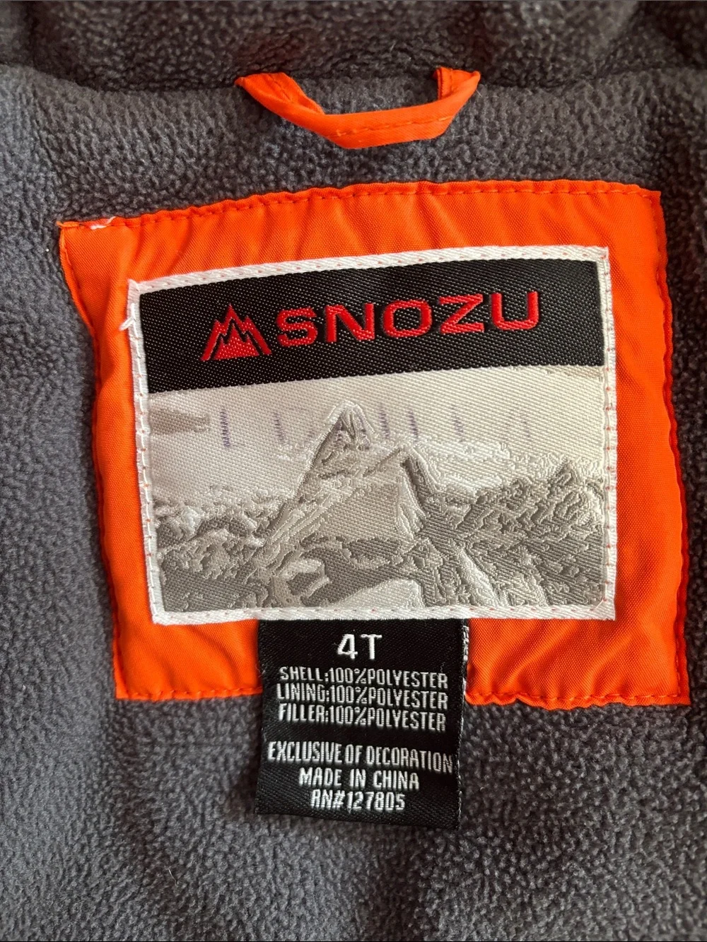 4T Snozu Orange and Gray Puffer Snow Jacket